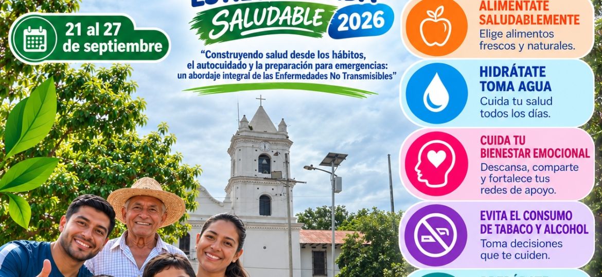 Pieza gráfica Semana de Hábitos y Estilos de Vida Saludable 2026, del 21 al 27 de septiembre en Aipe. Seis hábitos: muévete más, aliméntate saludablemente, hidrátate y toma agua, cuida tu bienestar emocional, evita el consumo de tabaco y alcohol, prepárate ante emergencias.
